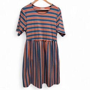 ROOLEE Mom Line Striped Midi Dress XL Blue Orange Casual Boho Bump Friendly